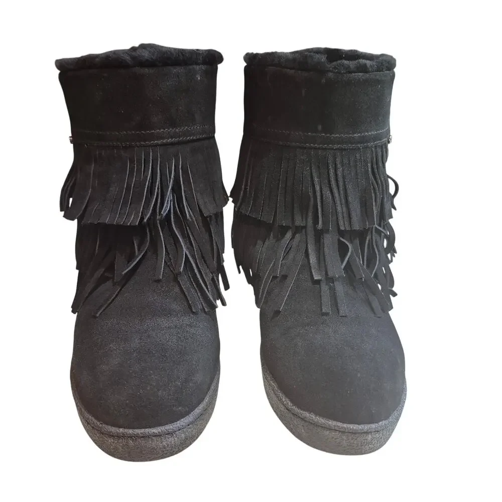 Tory Burch Collins Black Suede Leather Fringe Lambswool Ankle Boots Shoes 9